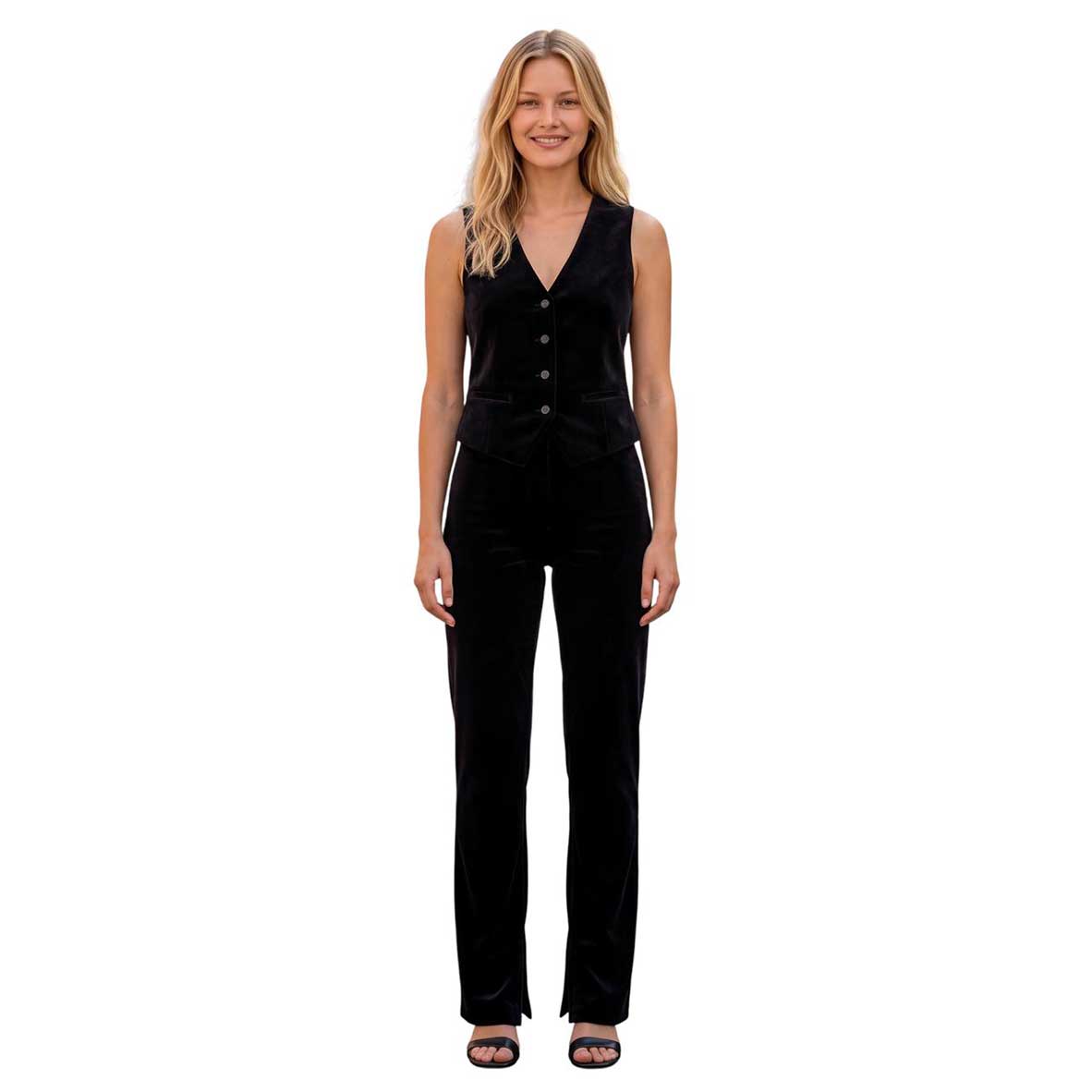 Elegant black velvet vest by Goodmatch featuring a soft, luxurious texture and timeless design.