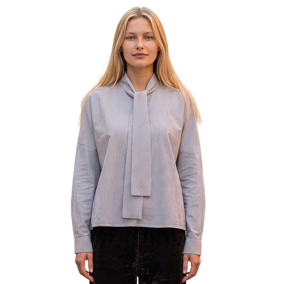 Front view of La Sartoria Pettegole brown pinstripe shirt featuring a long tie-neck bow collar and relaxed silhouette, available at Aqualta.
