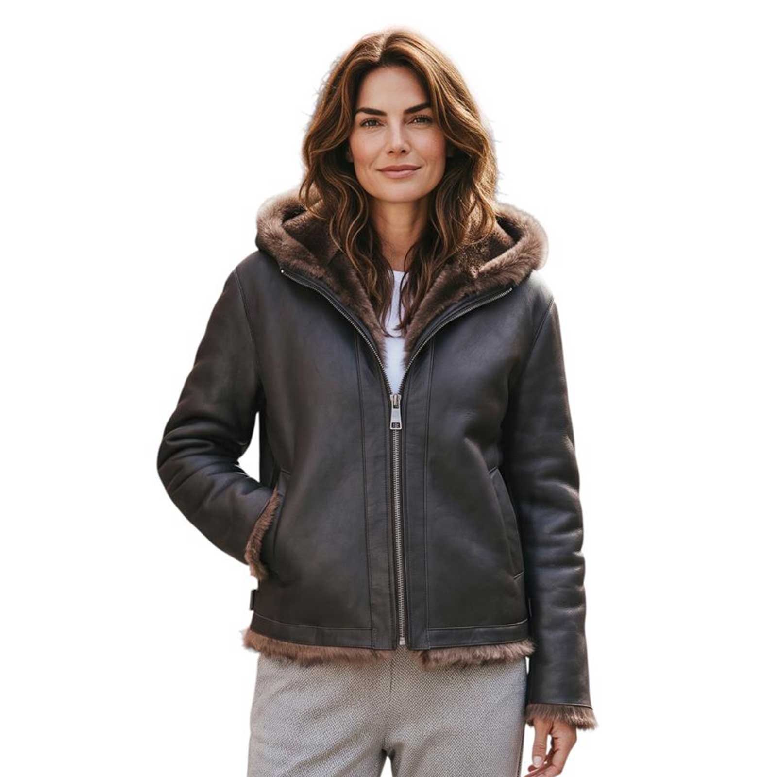 A woman wearing a dark Brown Reversible shearling Jacket Suprema sold at Aqualta