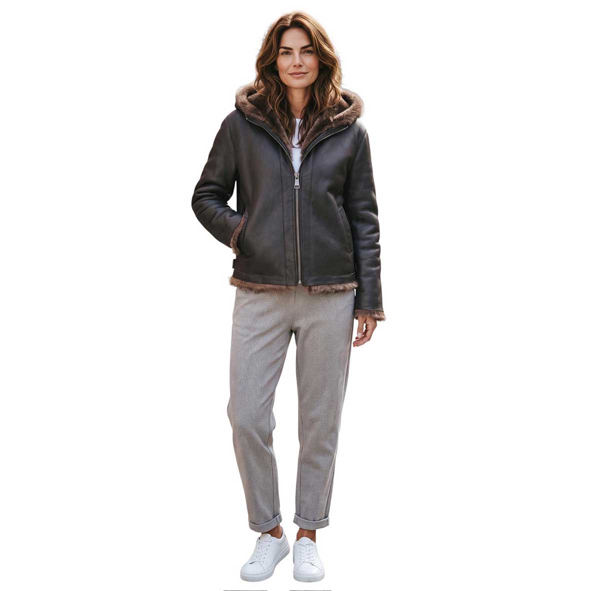 A woman modeling a dark Brown Reversible shearling Jacket Suprema sold at Aqualta