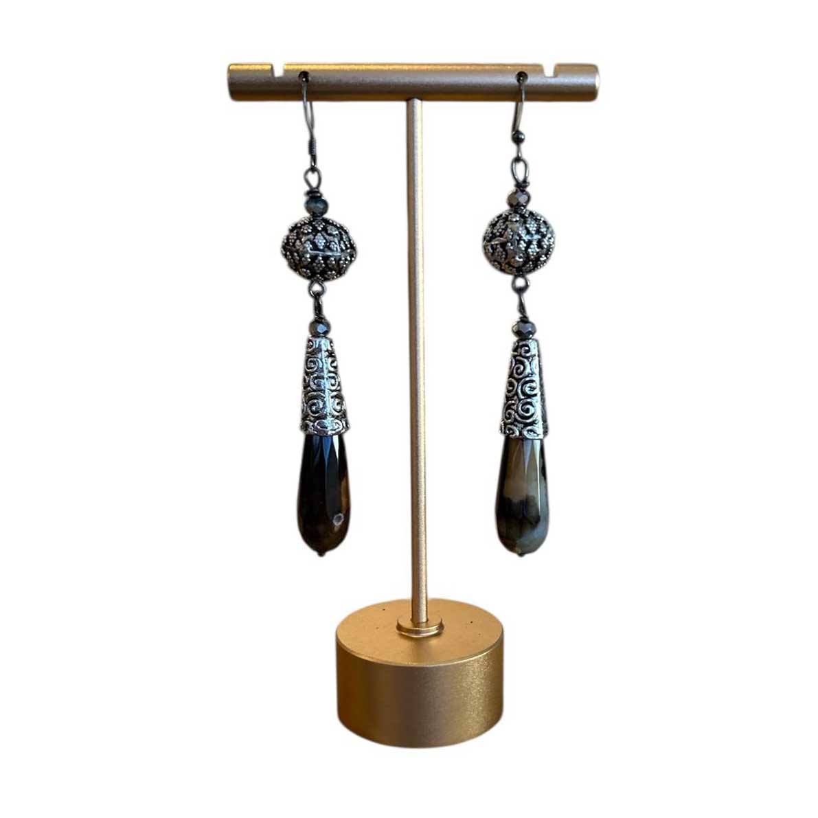 Brown & Gold Agates Earrings with Ornate Silver Peggy Goodman sold at Aqualta