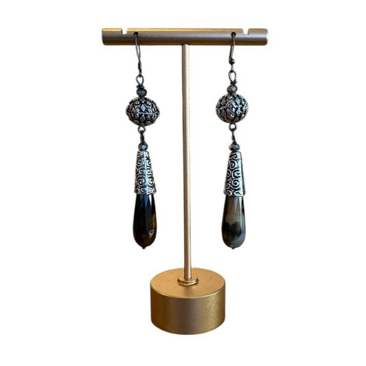 Brown & Gold Agates Earrings with Ornate Silver Peggy Goodman sold at Aqualta