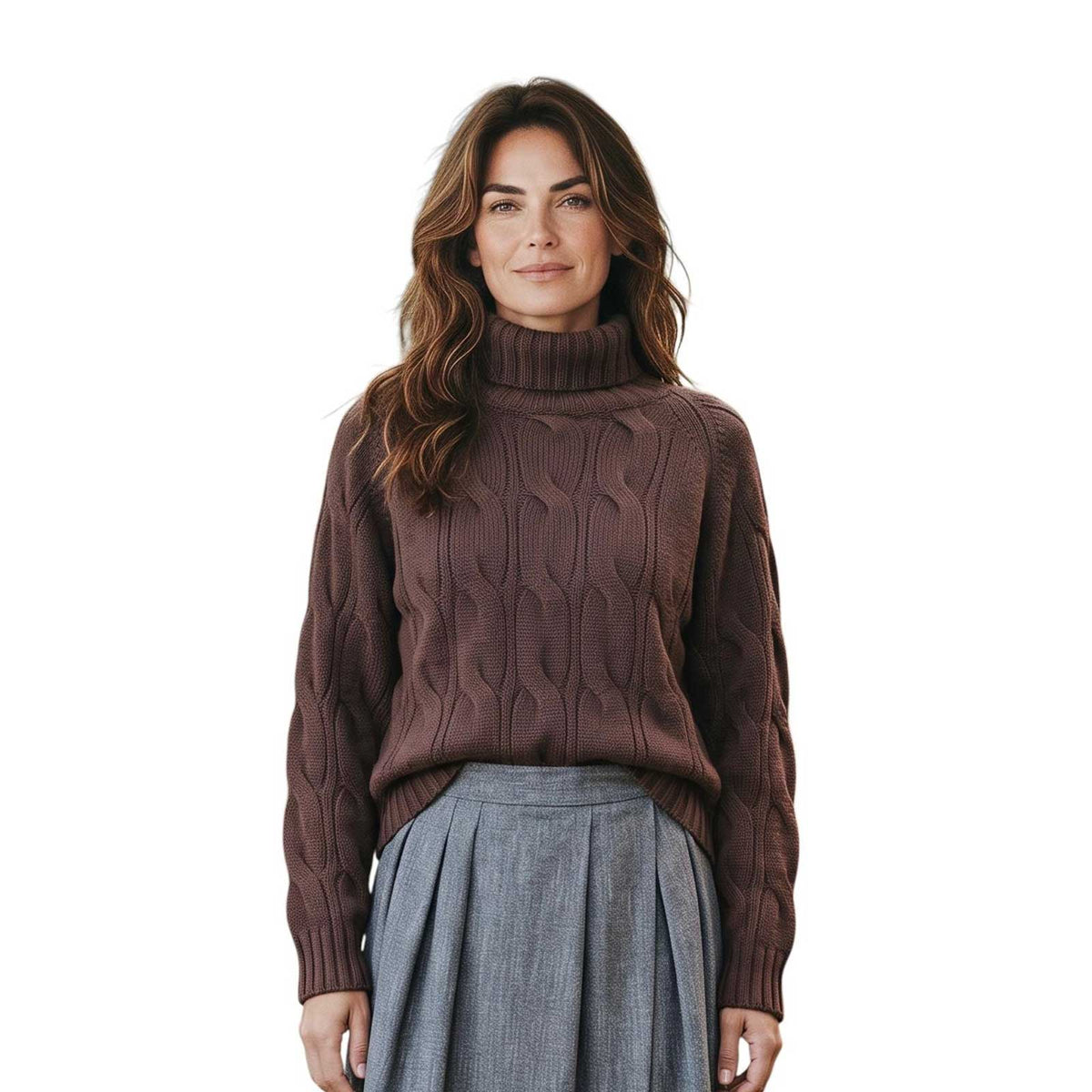 Cable knit cashmere turtleneck sweater in brown by Sand, sold at Aqualta, featuring a soft textured knit and ribbed trim.