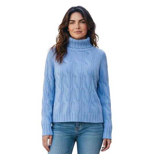 Women’s light blue cable knit cashmere turtleneck sweater by Sand, sold at Aqualta.