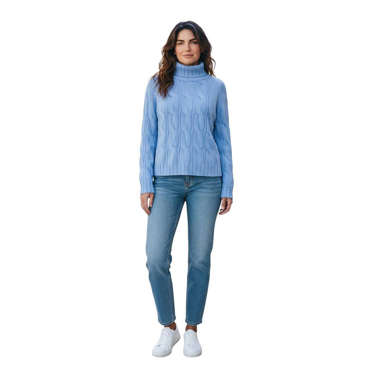 Sand light blue cashmere turtleneck sweater with cable knit pattern, available at Aqualta.