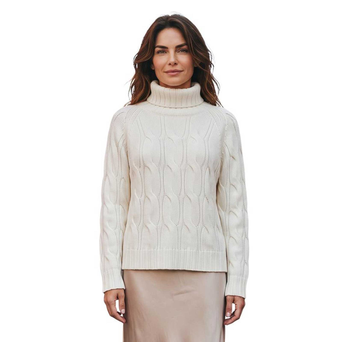 Women’s milk white cable knit cashmere turtleneck sweater by Sand, sold at Aqualta.