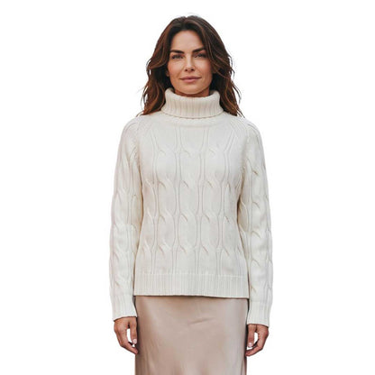 Women’s milk white cable knit cashmere turtleneck sweater by Sand, sold at Aqualta.