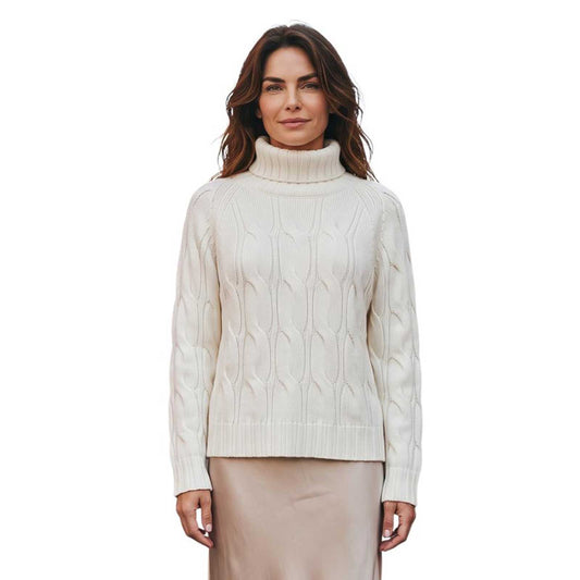 Women’s milk white cable knit cashmere turtleneck sweater by Sand, sold at Aqualta.