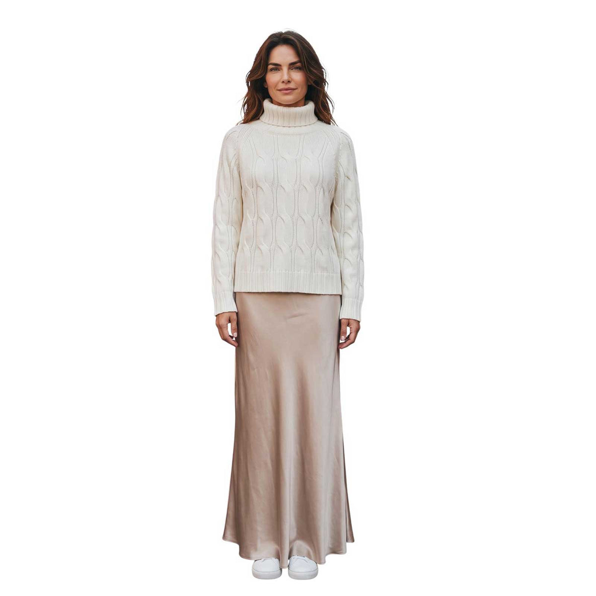 Sand milk white cashmere turtleneck sweater with cable knit pattern, available at Aqualta.