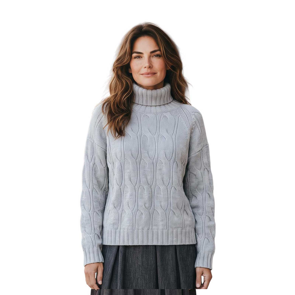Cable knit cashmere turtleneck sweater in oatmeal by Sand, sold at Aqualta, featuring a soft knit texture and cozy relaxed fit.