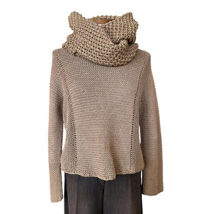 Scarf on Beige knitted cardigan on a white background Camel Knit Crop long sleeves Sweater Sold at Aqualta
