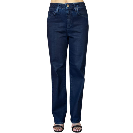 Front picture of our Coated Blue Denim Mid waist straight legs Shat Sold at Aqualta