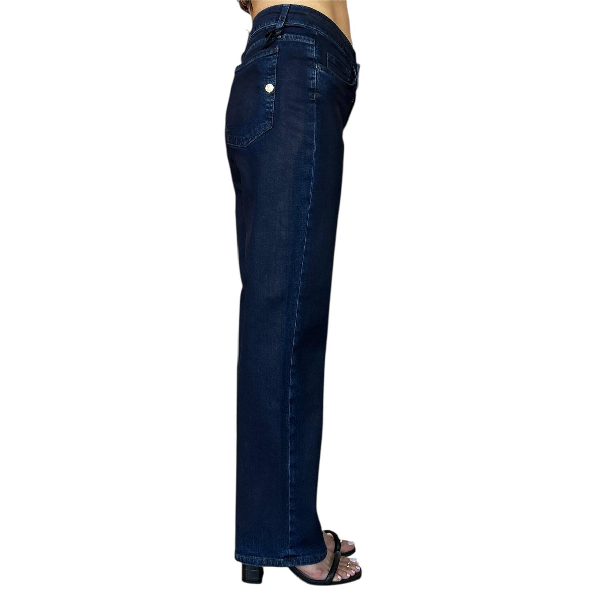 Side picture of our Coated Blue Denim Mid waist straight legs Shat Sold at Aqualta