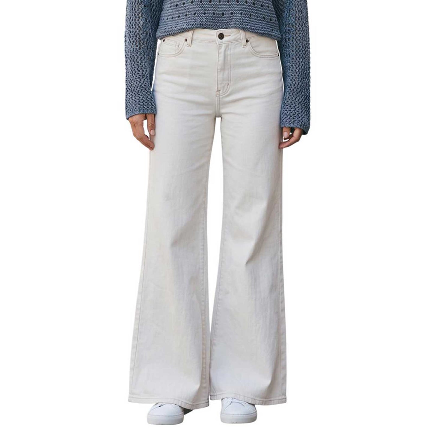 Coated Off White Denim Flare cut Shaft Jean sold at Aqualta