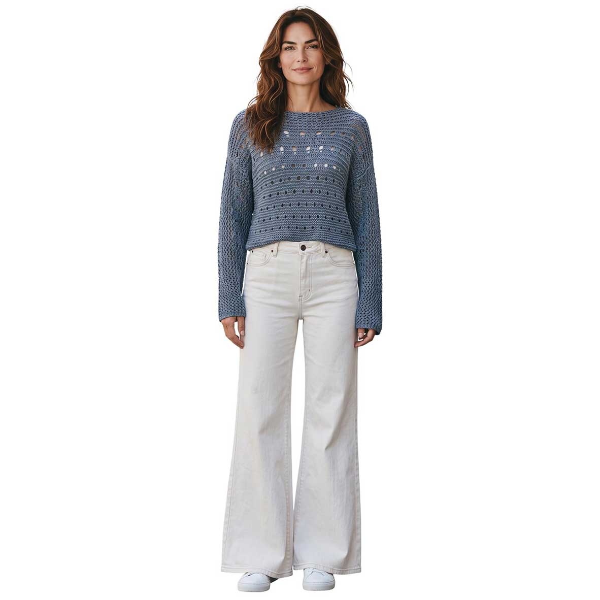 Woman wearing a Coated Off White Denim Flare cut Shaft Jean sold at Aqualta 3