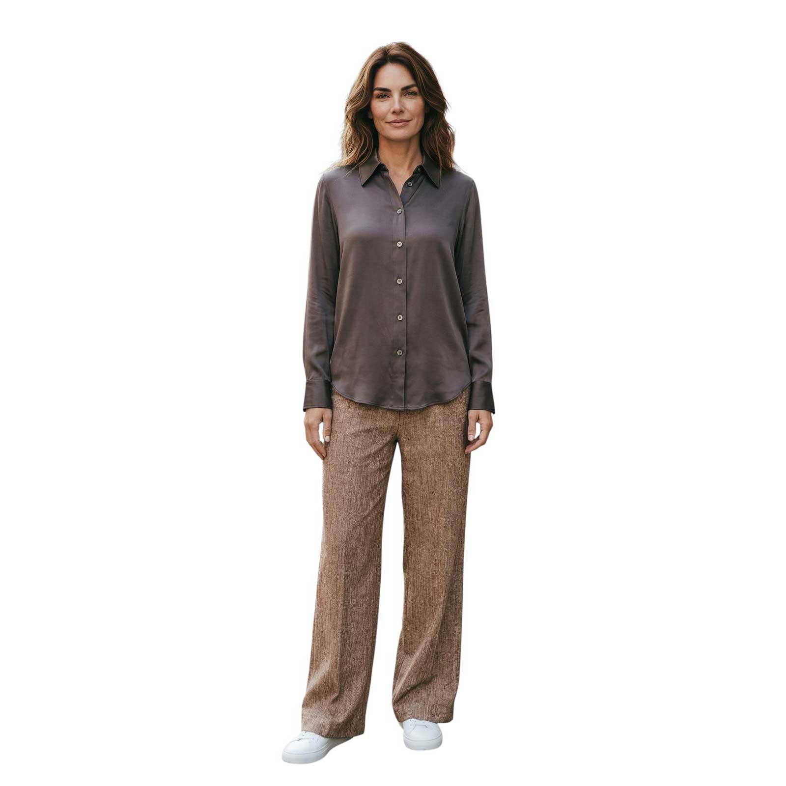 Woman wearing a Collar Shirt Latia Ash Brown Sand sold at Aqualta 2