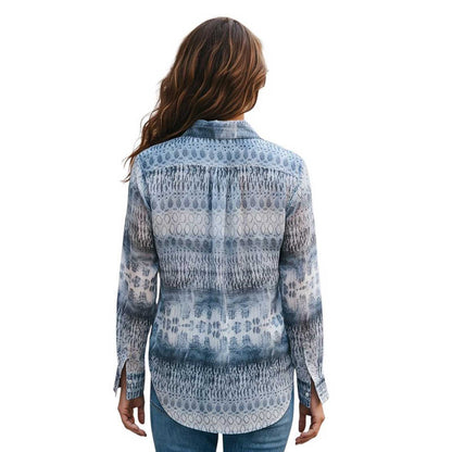 Women’s Sand Latia navy blue patterned button down shirt at Aqualta