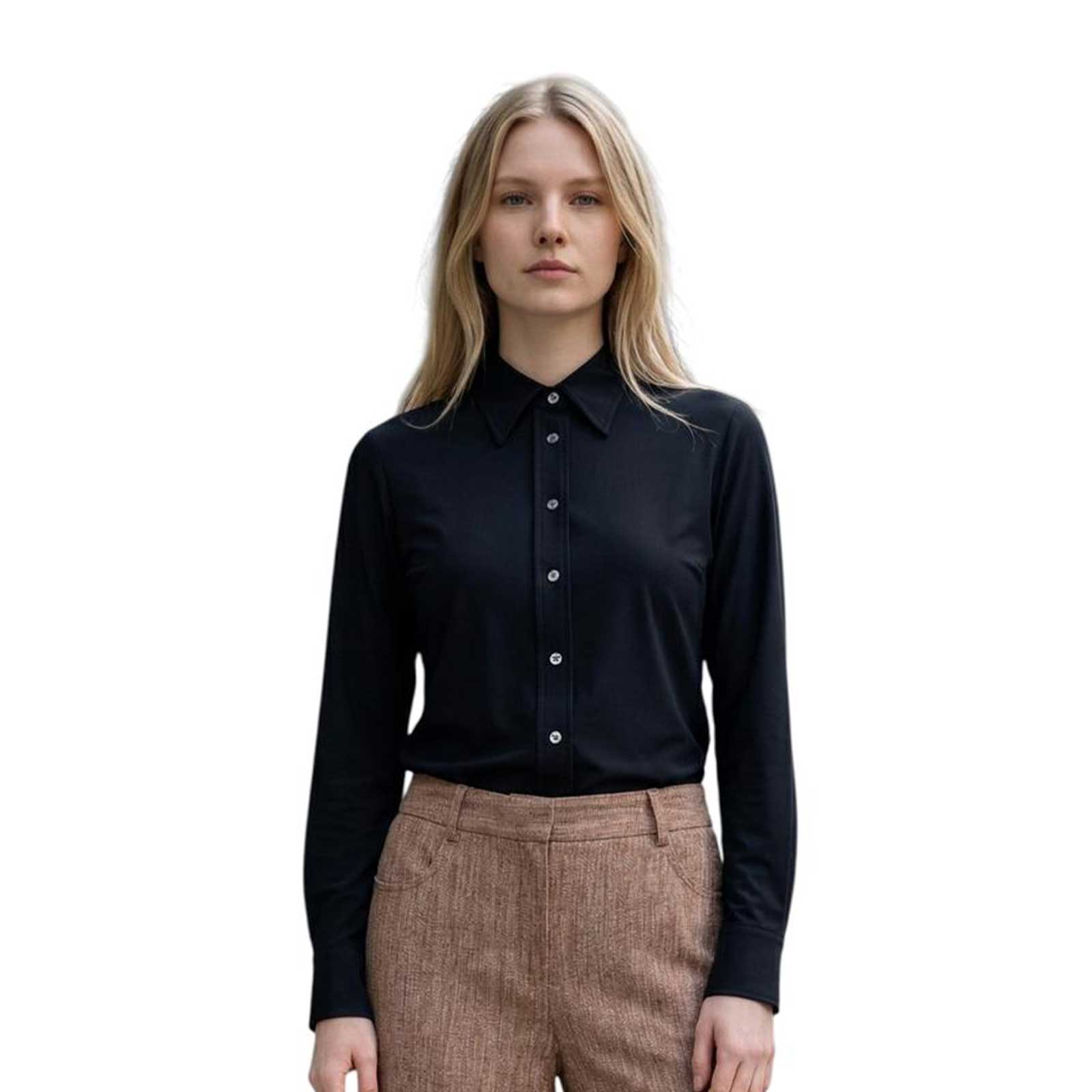 Woman wearing a Collar Shirt Skin like Black Caliban sold at Aqualta