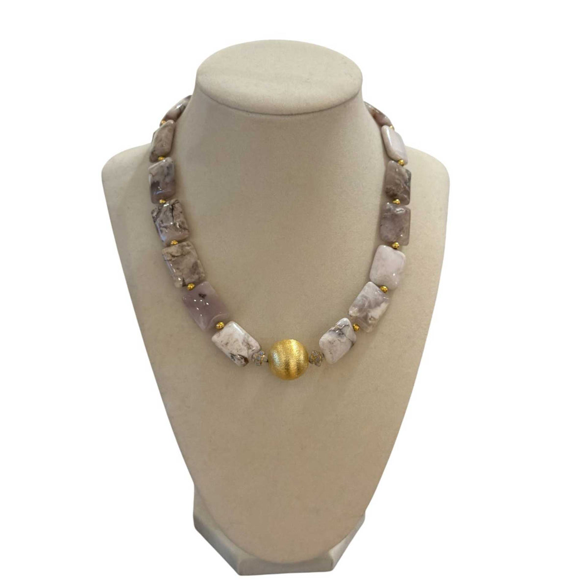 Peggy Goodman collar necklace featuring polished agate stones and a gold-tone center bead.
