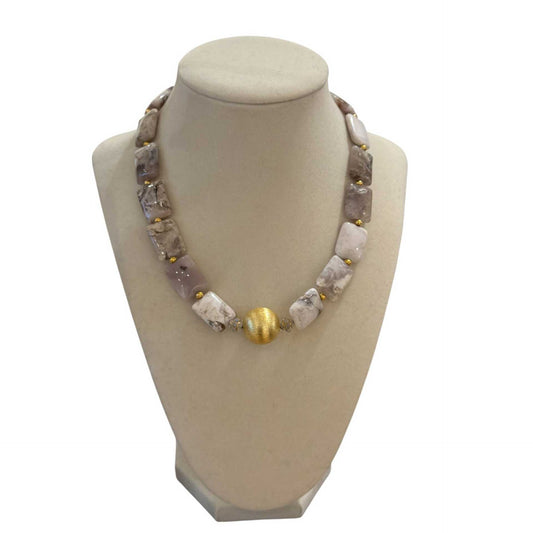 Peggy Goodman collar necklace featuring polished agate stones and a gold-tone center bead.