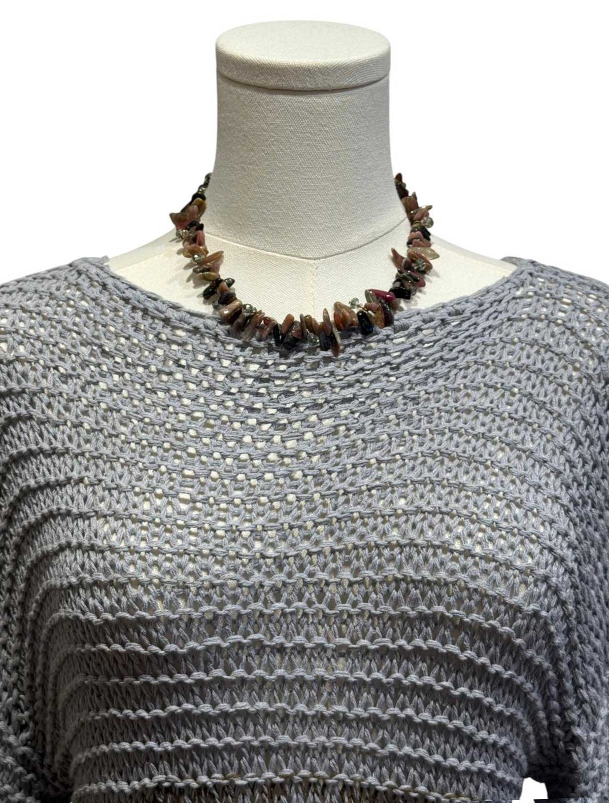 Peggy Goodman collar necklace featuring purple, brown and dark multicolored stone beads.