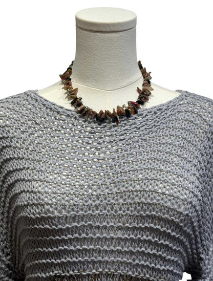 Peggy Goodman collar necklace featuring purple, brown and dark multicolored stone beads.