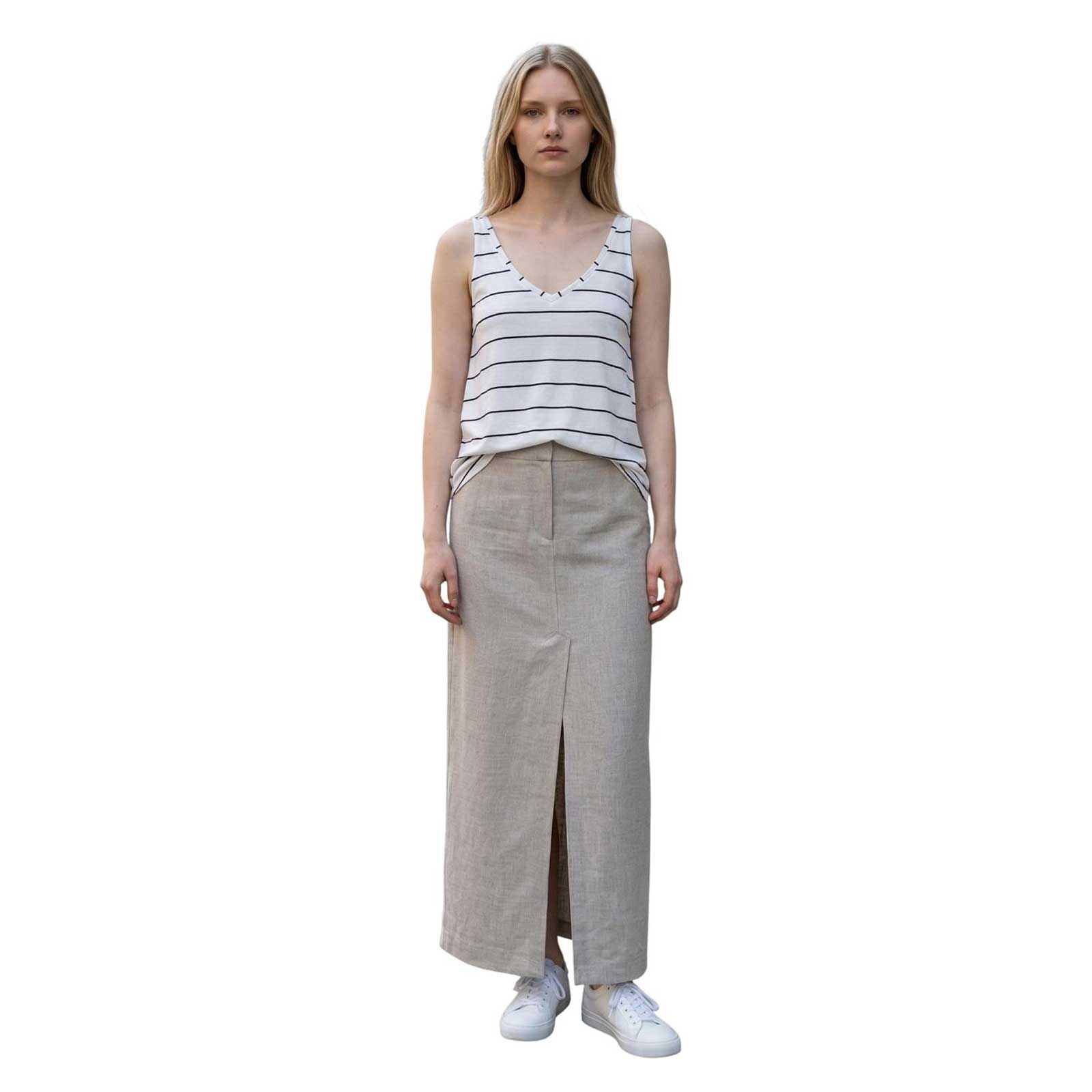 Cotton Sleeveless Tee Flare cut White with black stripes Neirami sold at Aqualta 2