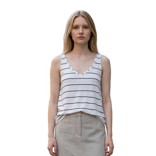 Cotton Sleeveless Tee Flare cut White with black stripes Neirami sold at Aqualta