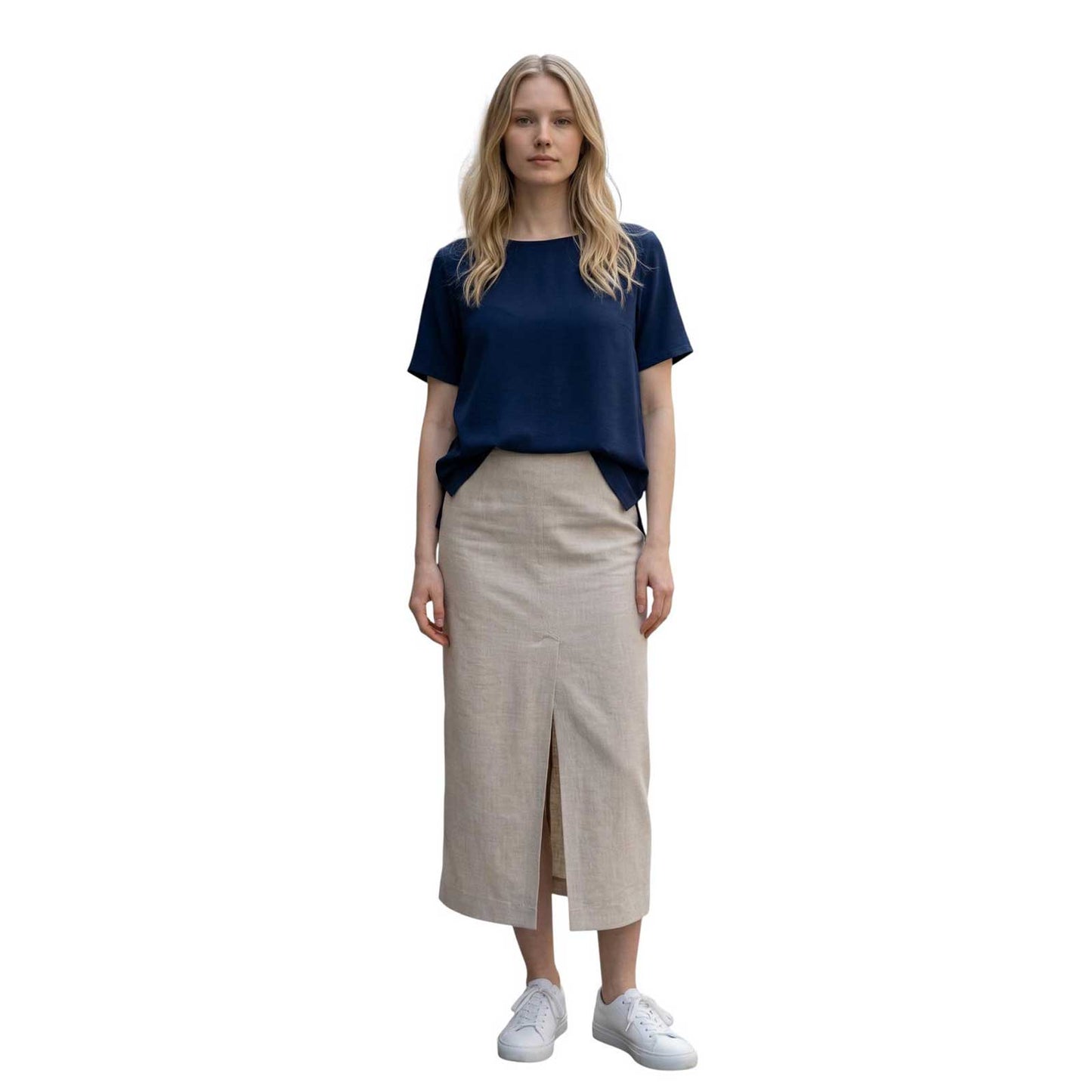 Woman wearing a Cotton Tee Flare cut Navy Neirami sold at Aqualta 2