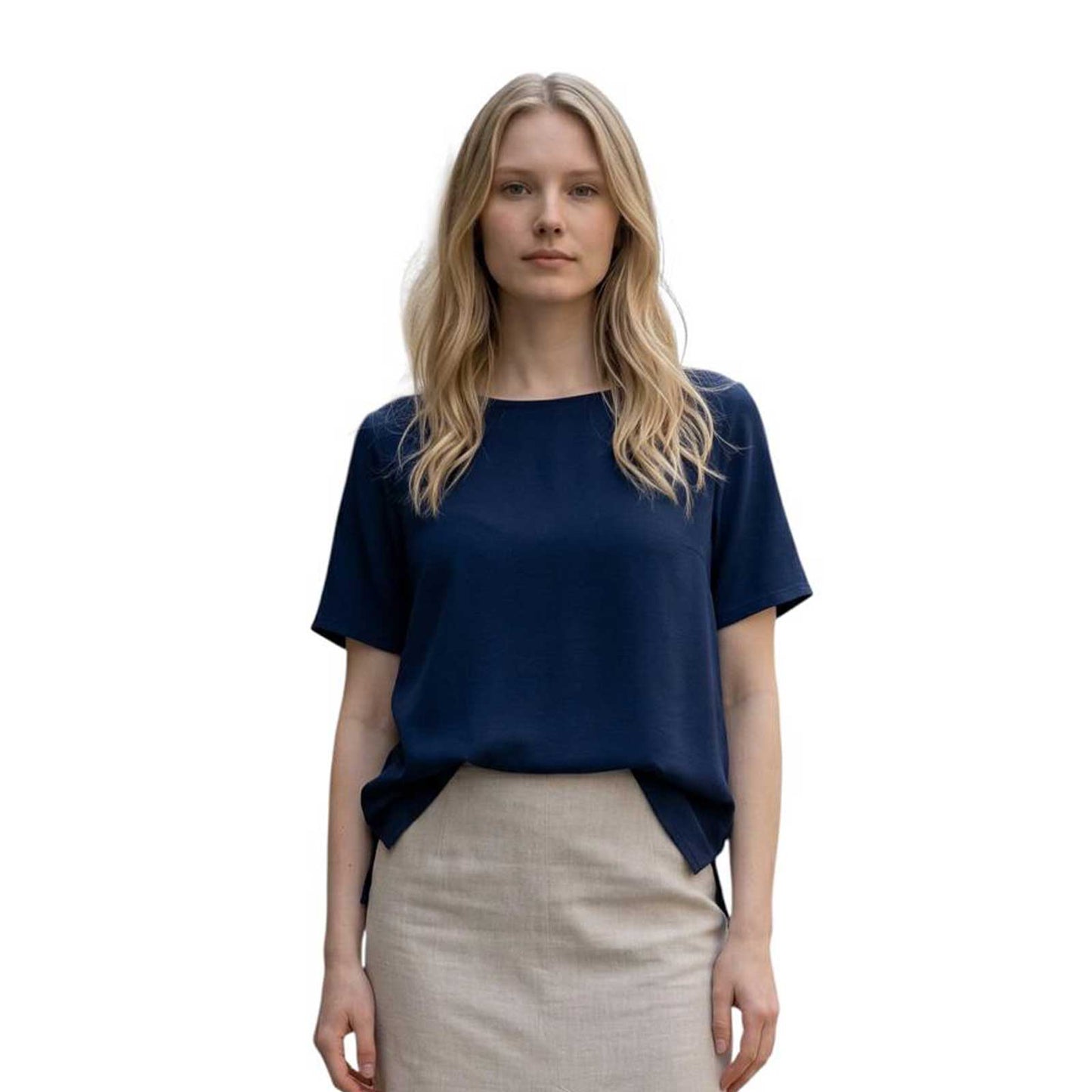 Woman wearing a Cotton Tee Flare cut Navy Neirami sold at Aqualta
