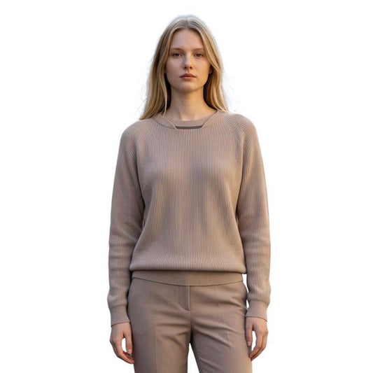 Women’s cream knitted sweater with jeweled intertwined neckline detail by Rocco Ragni, sold at Aqualta.