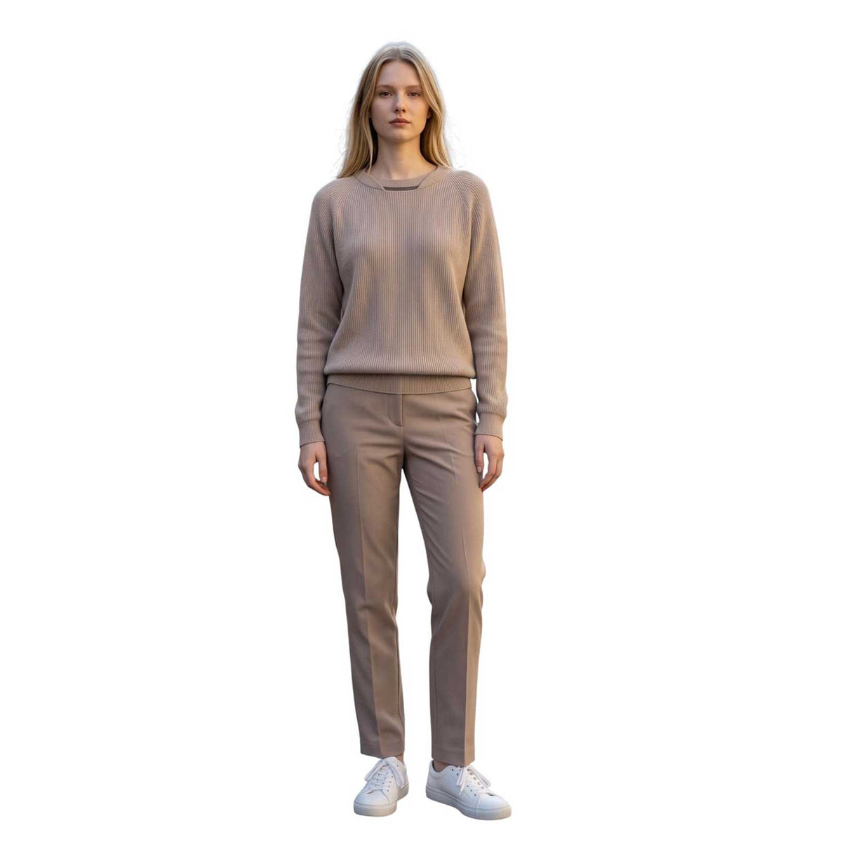 Women’s cream long-sleeve knitted sweater with decorative jeweled detail by Rocco Ragni at Aqualta.