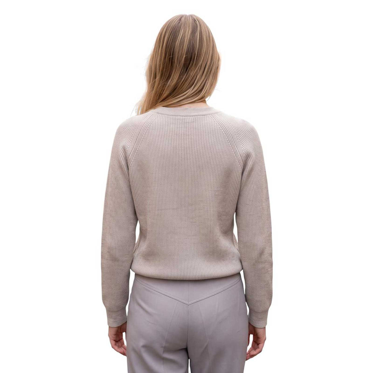 Rocco Ragni cream ribbed knit sweater with jeweled intertwined accent, available at Aqualta.