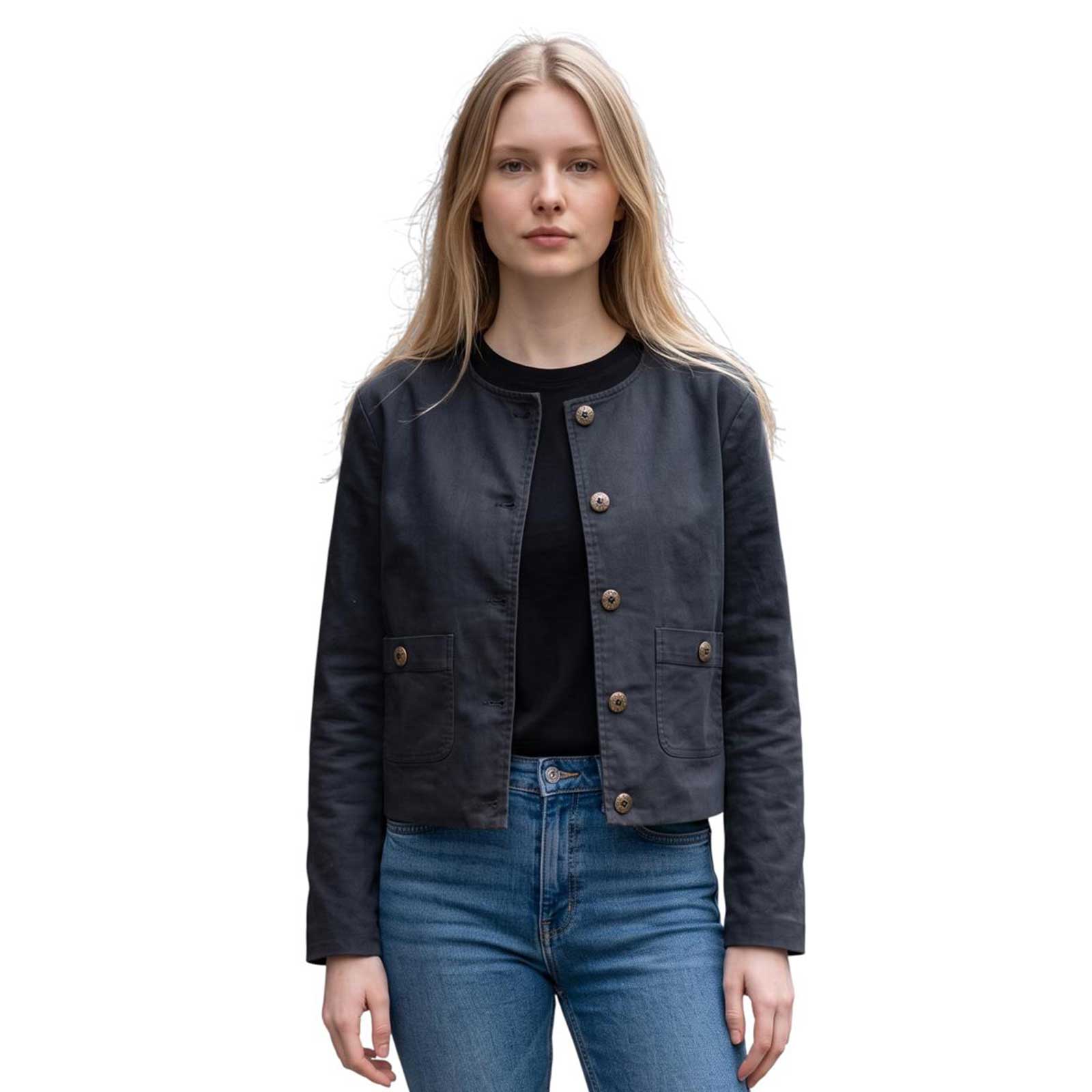 Women’s cropped brown genuine leather jacket styled with denim jeans – Aqualta