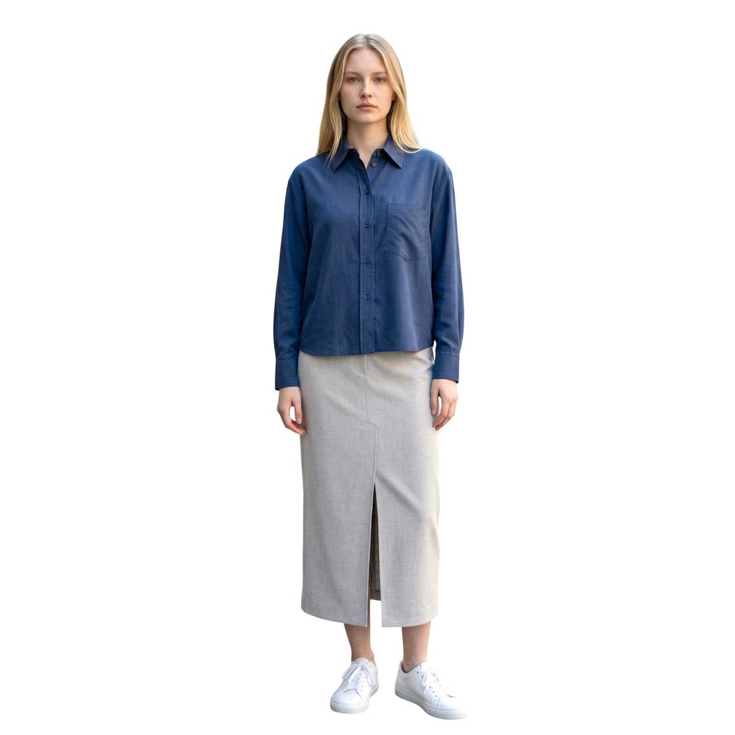Woman wearing a Cropped Blue Shirt Academia sold at Aqualta
