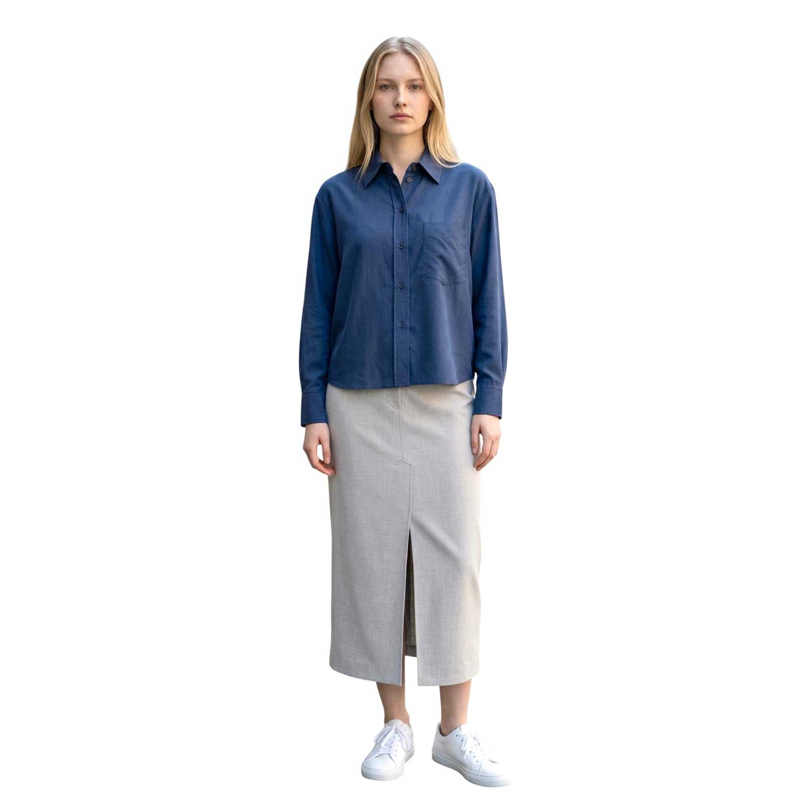 Woman wearing a Cropped Blue Shirt Academia sold at Aqualta