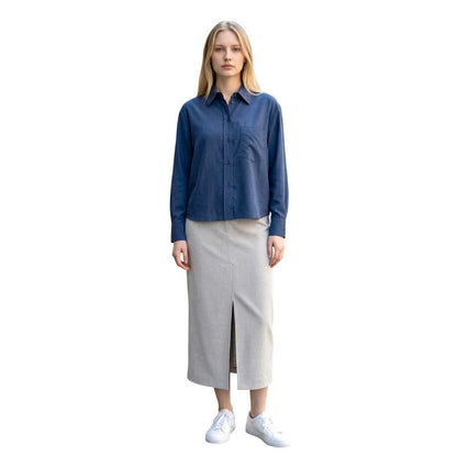 Woman wearing a Cropped Blue Shirt Academia sold at Aqualta