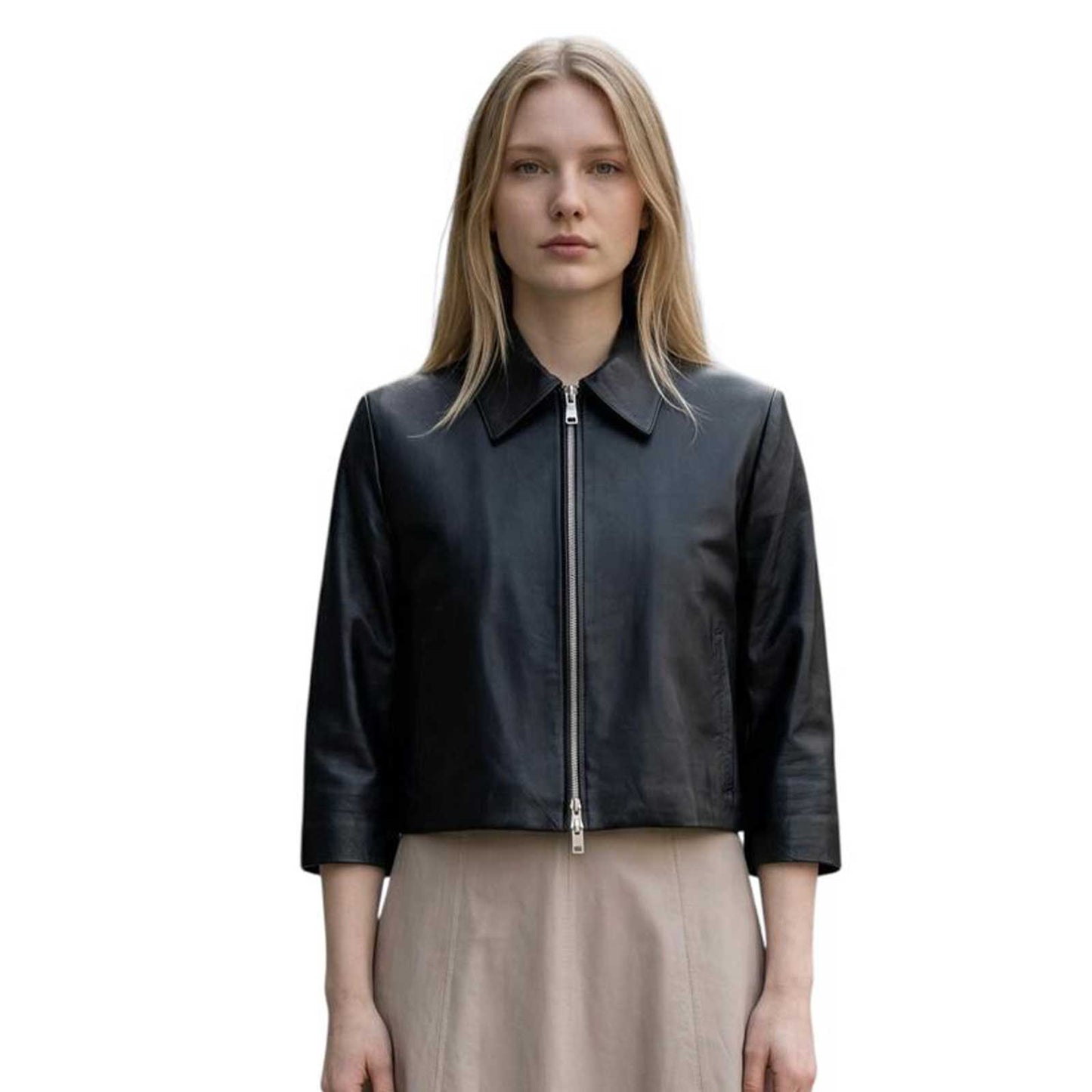 Cropped Leather Jacket with zipper Black Suprema sold at Aqualta