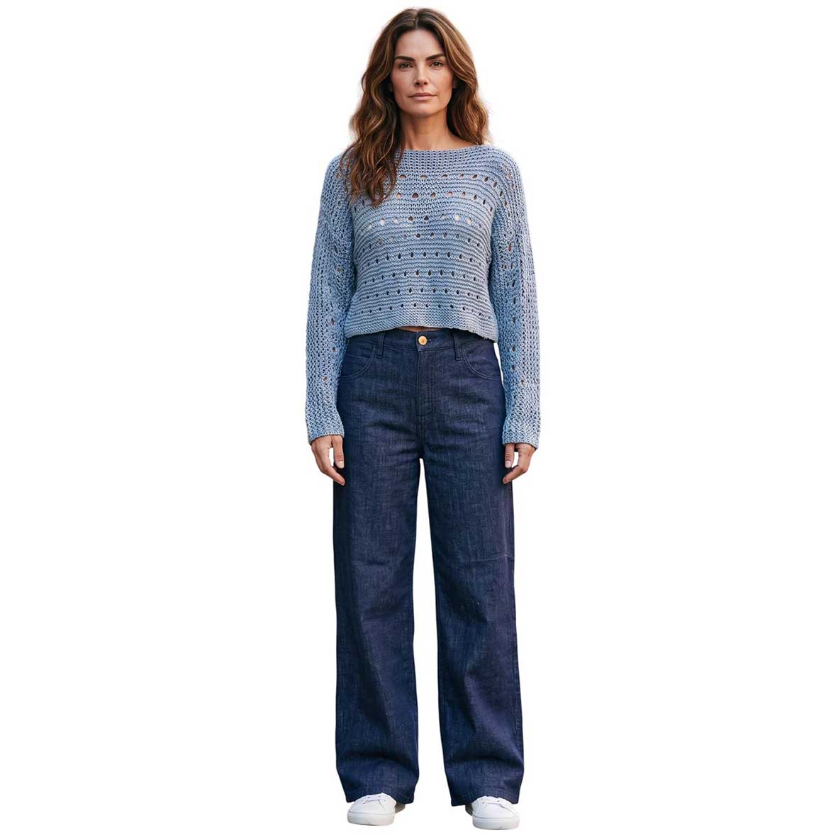 Women wearing a Denim Flannel Navy Shaft Jean old at Aqualta