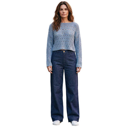 Women wearing a Denim Flannel Navy Shaft Jean old at Aqualta