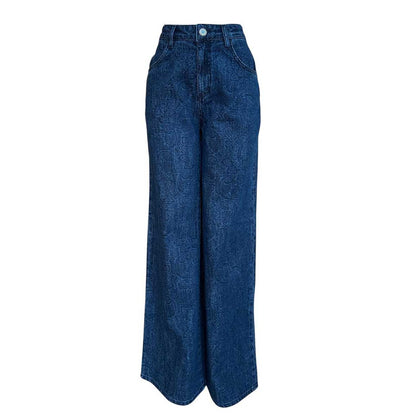 Denim Mid waist dark Blue Jacquard print Shaft Jean sold at Aqualta