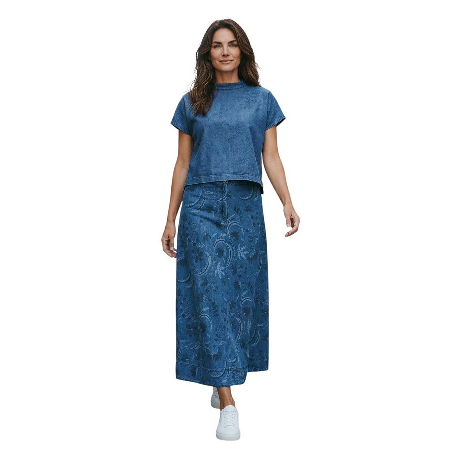 Denim Skirt Mid waist print Shaft Jean sold at Aqualta