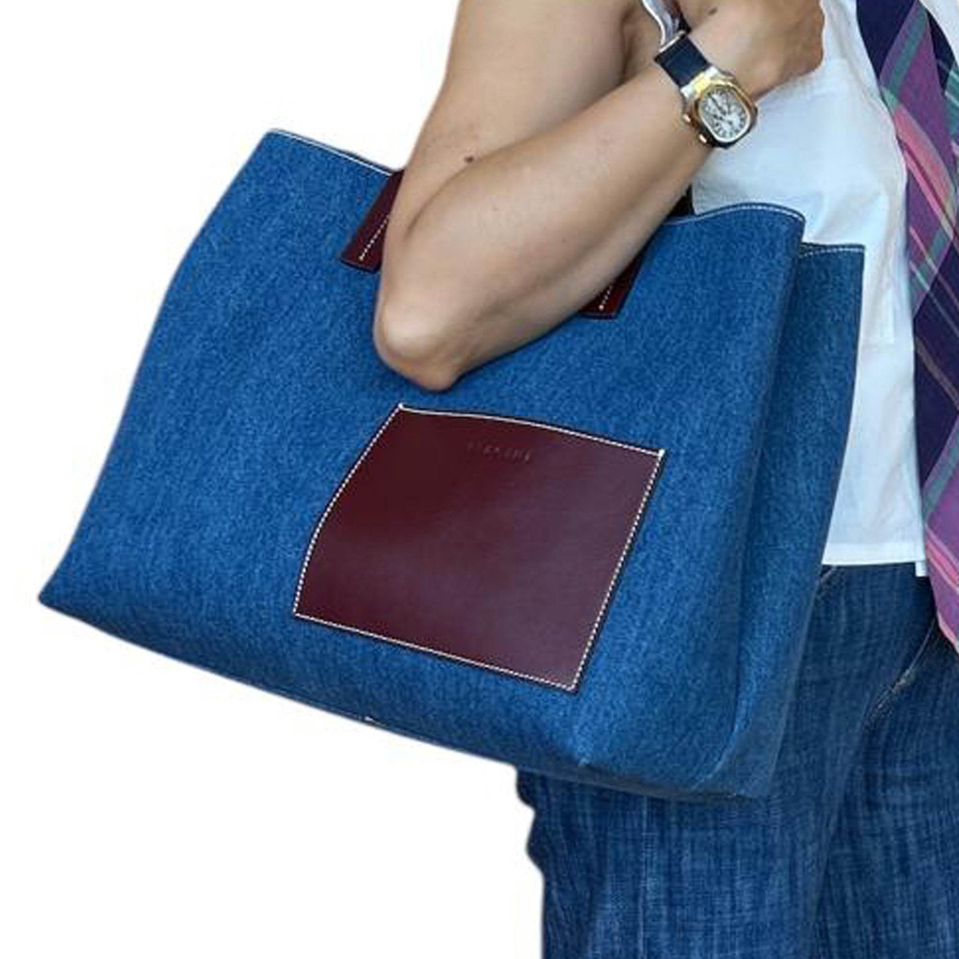 Denim Tote & with Bordeaux Leather straps - AQUALTA