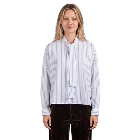 Front view of La Sartoria Pettegole double stripe shirt featuring fine vertical stripes, a long tie-neck bow collar, and relaxed fit, available at Aqualta.