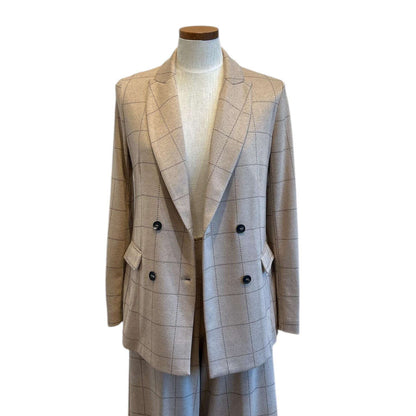 Beige checkered Double breast Jersey Blazer Tartan Cream on a mannequin against a white background