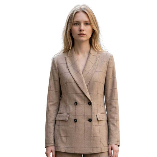 Woman wearing a Double breast Jersey Blazer Tartan Cream Goodmatch sold at Aqualta
