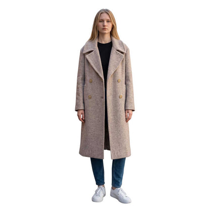 Women’s oatmeal double-breasted mid-length tweed coat by Sand, sold at Aqualta.