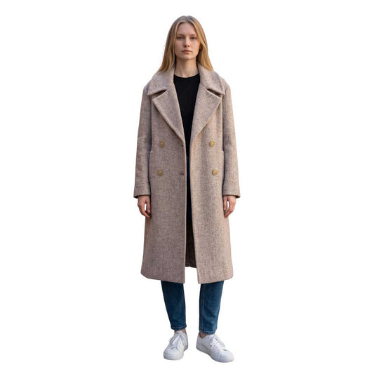 Women’s oatmeal double-breasted mid-length tweed coat by Sand, sold at Aqualta.