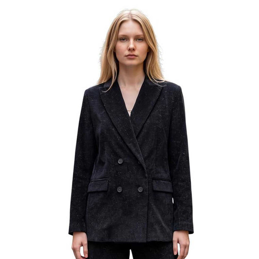 Women’s black corduroy blazer featuring a double-breasted front, long sleeves, and structured silhouette, sold at Aqualta.
