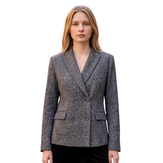 Black and white diagonal tweed double-breasted jacket for women by Goodmatch with notch lapels, sold at Aqualta.